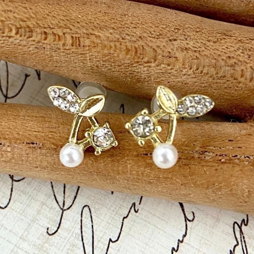 Gold Tone Rhinestone Crystal Simulated Pearl Cherry Stud Earrings NEW